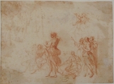 Group of Standing and Seated Female Figures (recto); Costumed Female Figure (verso), attributed to Francesco Allegrini (Italian, Cantiano (?) 1615/20–after 1679 Gubbio (?)), Red chalk (recto).  Pen and brown ink sketch of a costumed female figure (verso)